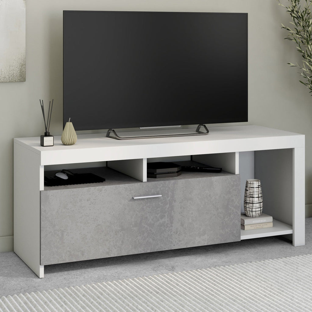 Meuble TV 110 cm MALO blanc et placard effet béton