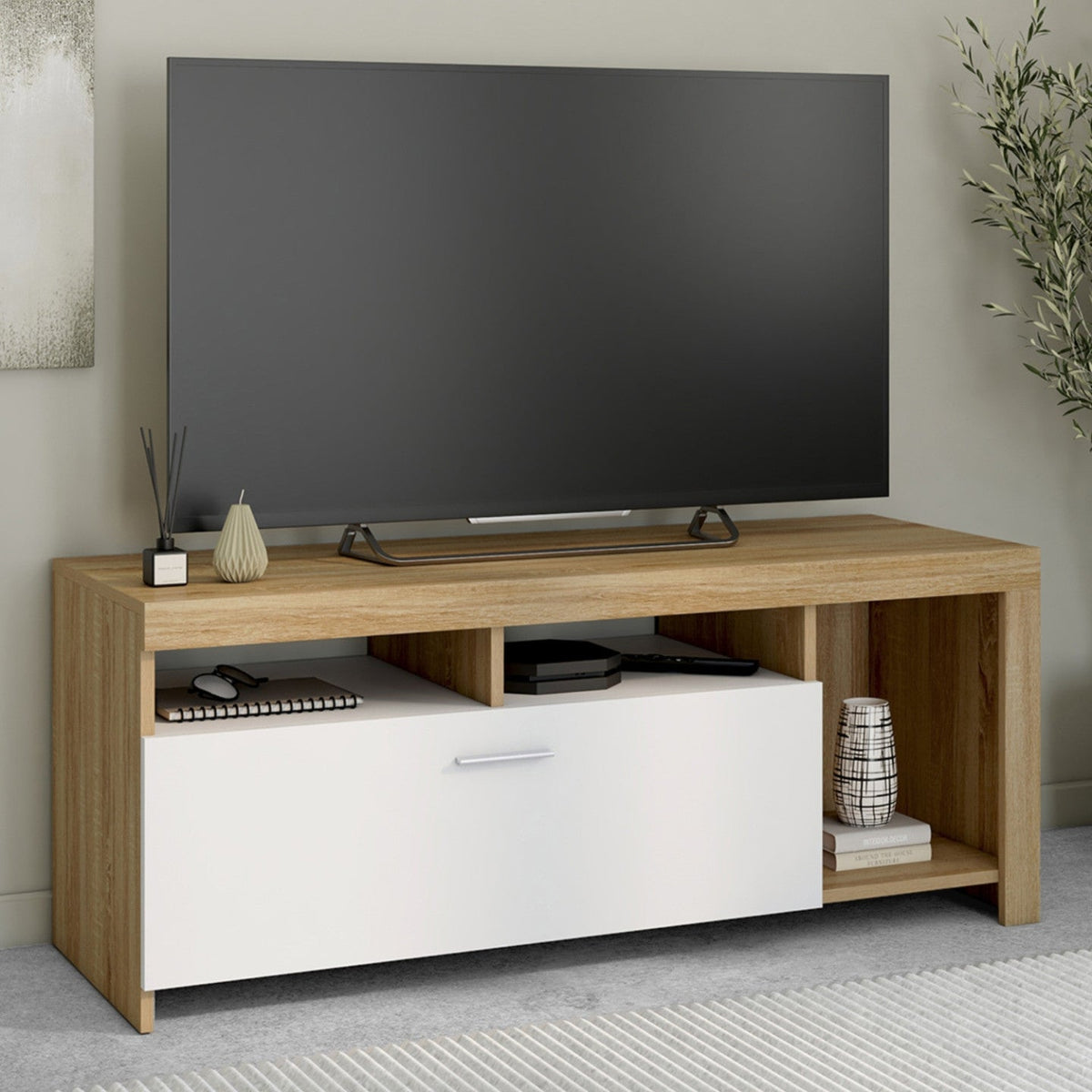 Meuble TV MALO 110 cm bois et placard blanc