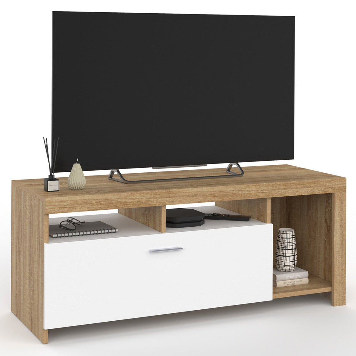 Meuble TV MALO 110 cm bois et placard blanc