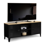 Meuble TV 113 cm ESTER 2 portes métal noir et plateau bois design industriel