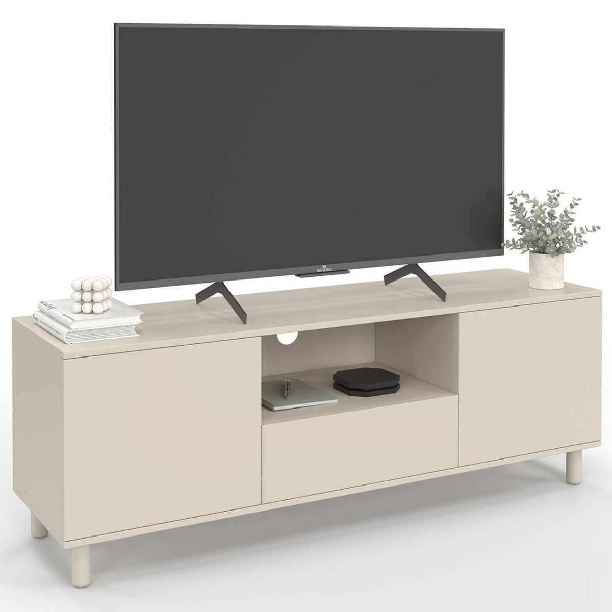 Meuble TV 140 cm BERTILLE 2 portes avec tiroir bois beige