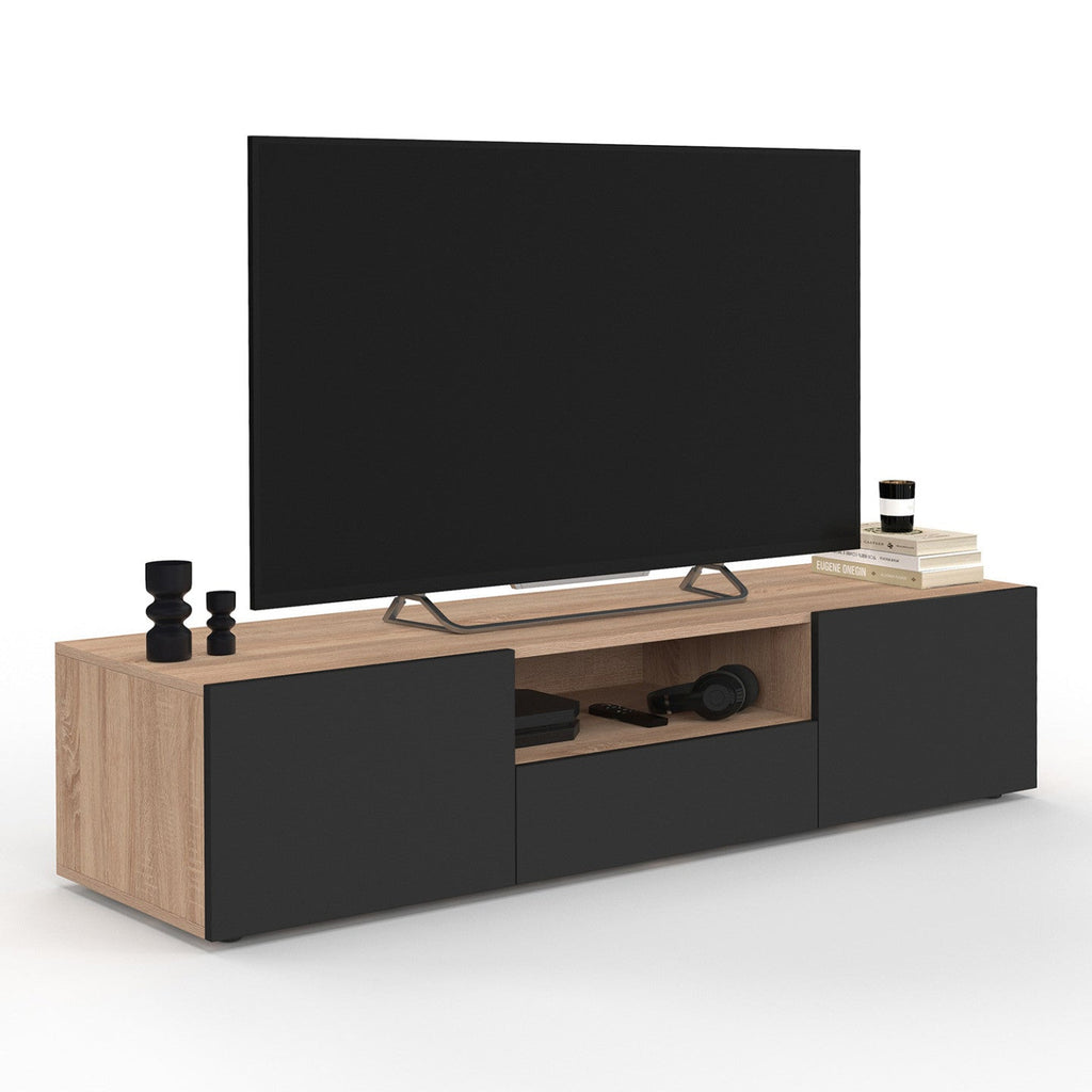 Meuble TV 140 cm ELI aspect hêtre et portes noires