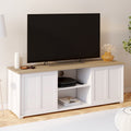 Meuble TV 140 cm JANGO 2 portes coulissantes blanc et plateau bois