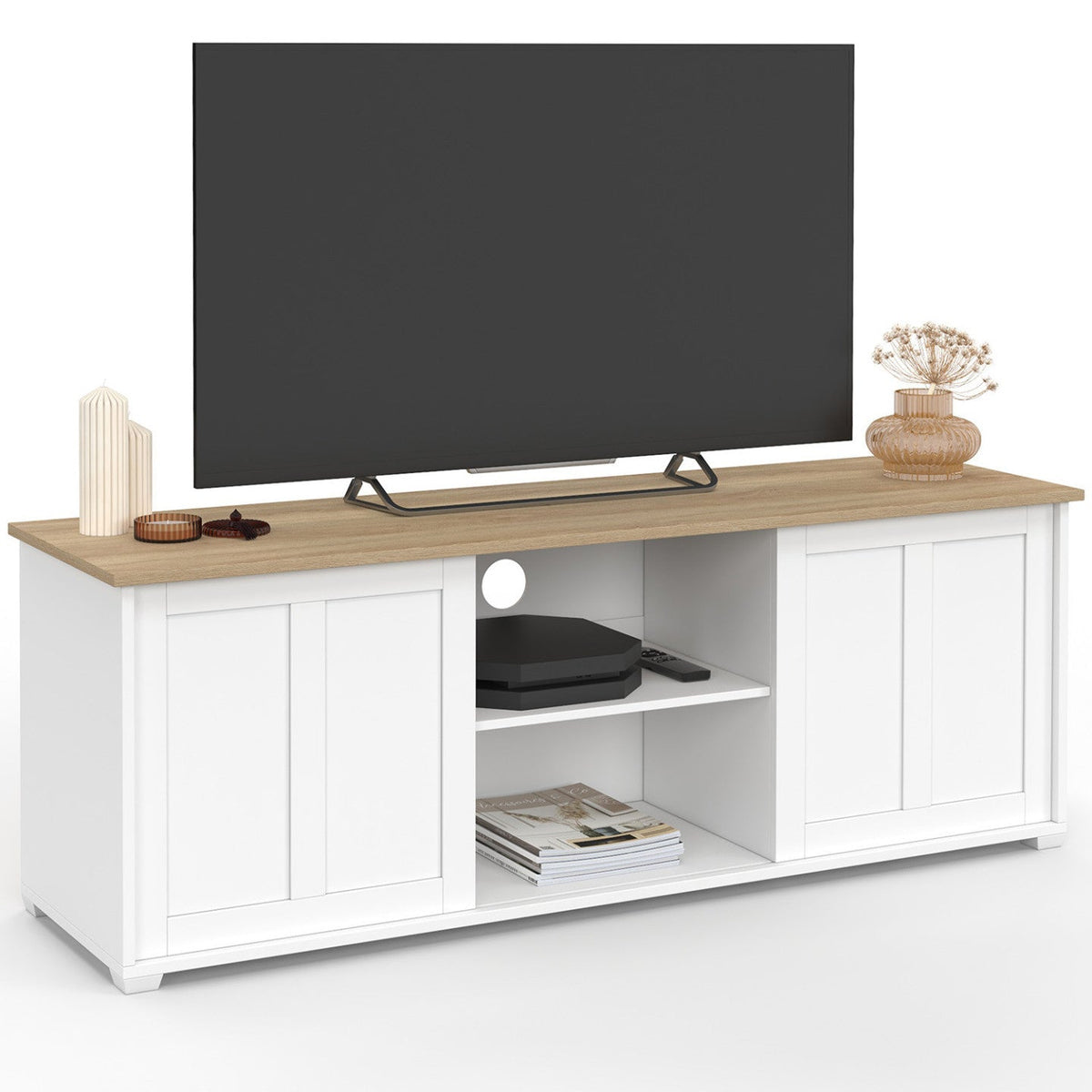 Meuble TV 140 cm JANGO 2 portes coulissantes blanc et plateau bois
