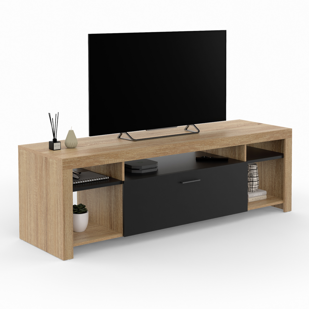 Meuble TV 140 cm MALO bois et placard noir