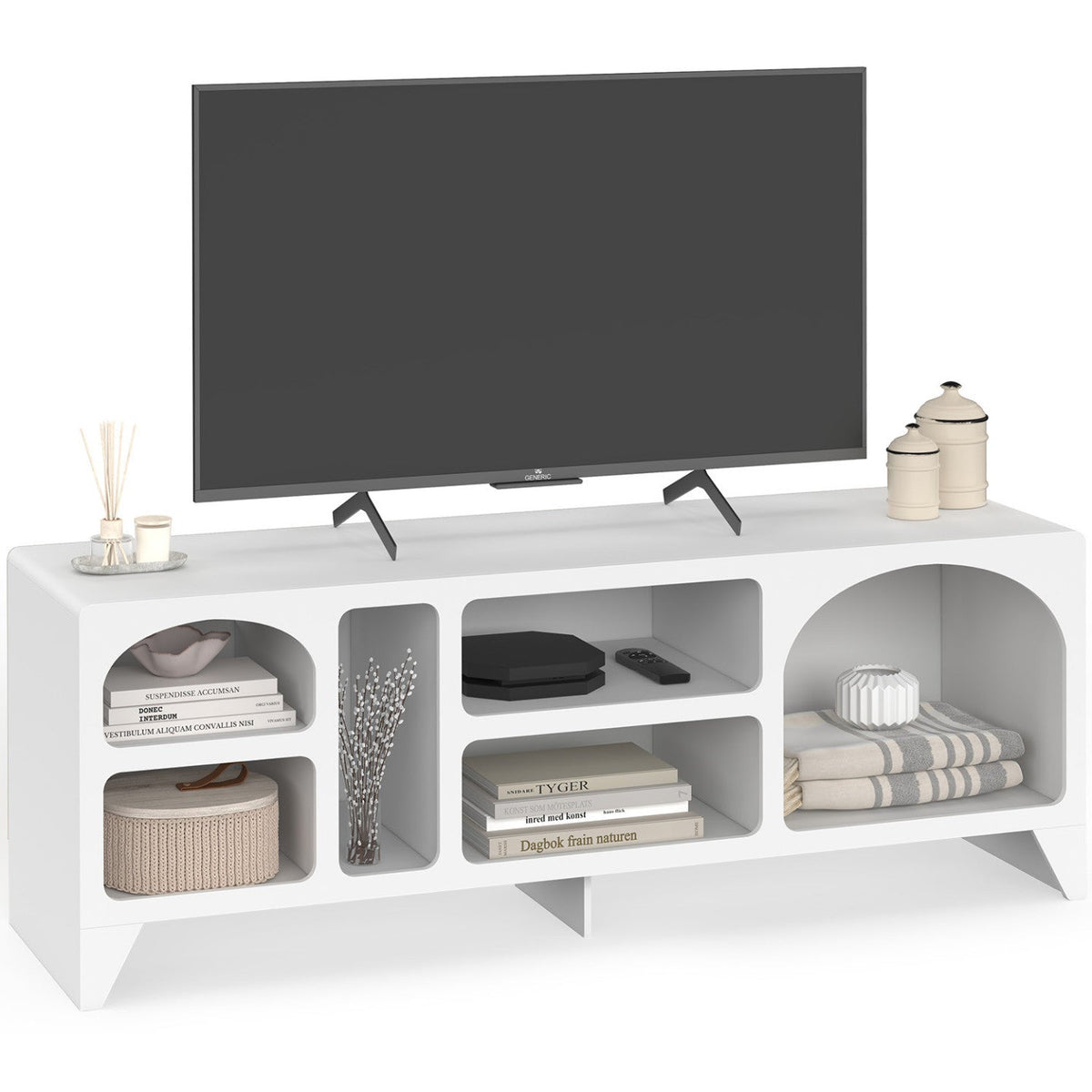 Meuble TV 140 cm organique ALESIA 6 niches bois blanc