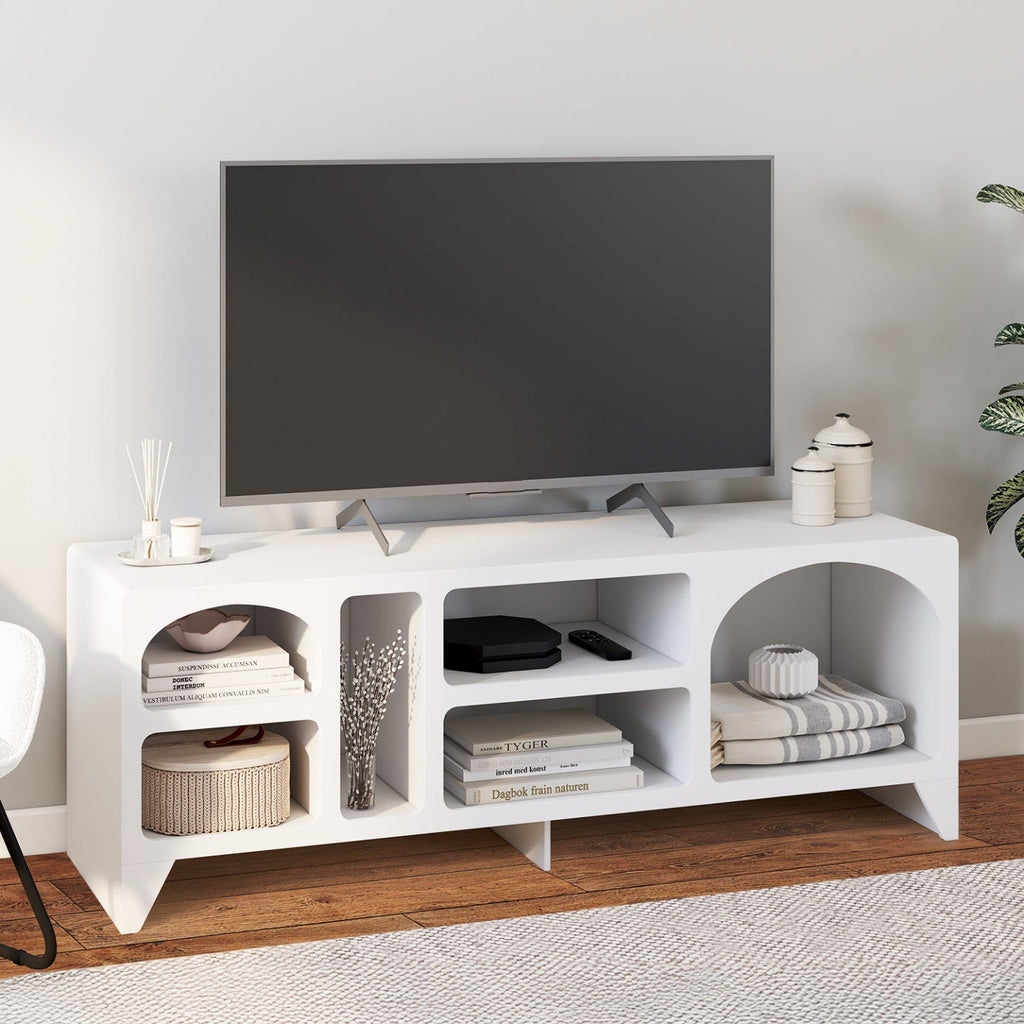 Meuble TV 140 cm organique ALESIA 6 niches bois blanc