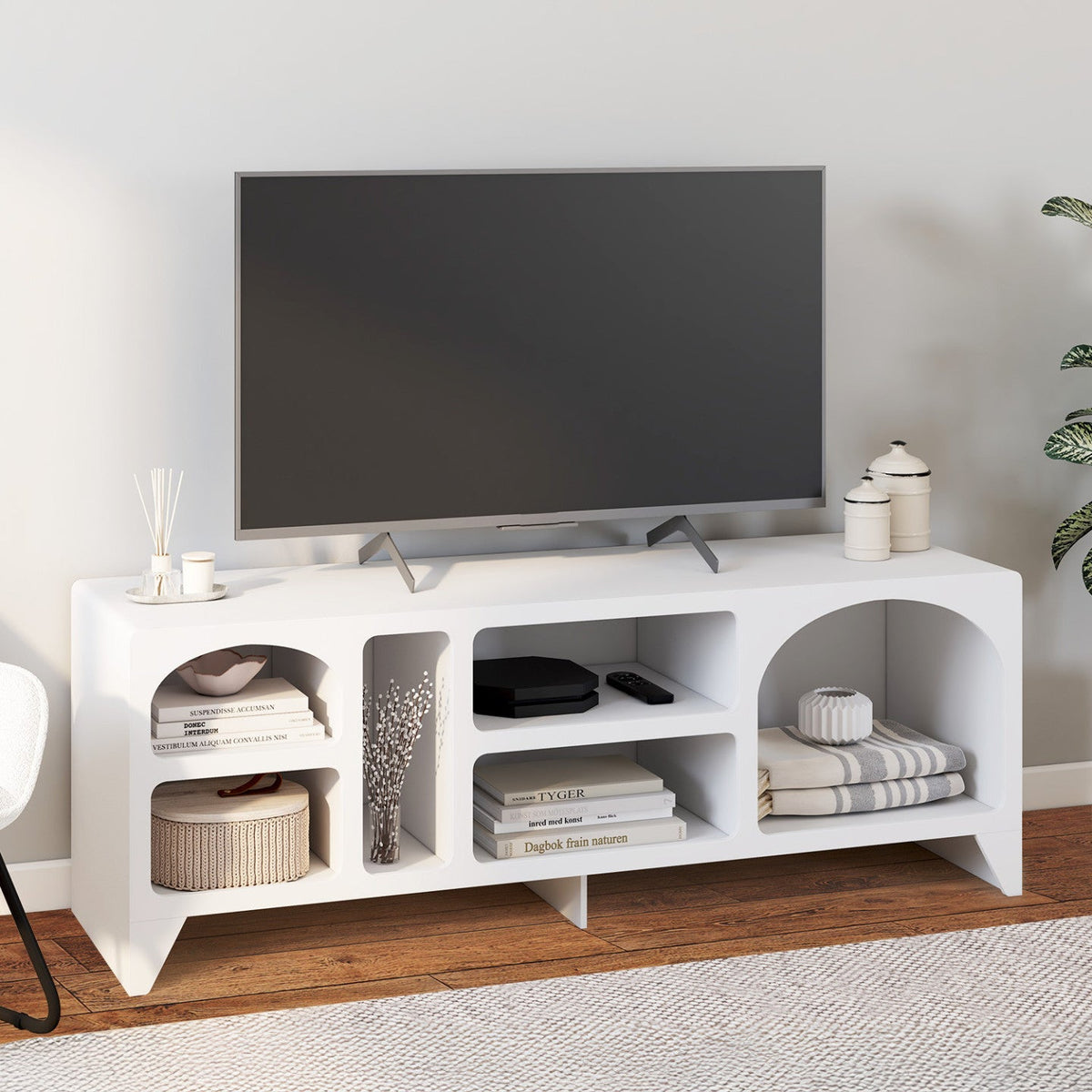 Meuble TV 140 cm organique ALESIA 6 niches bois blanc