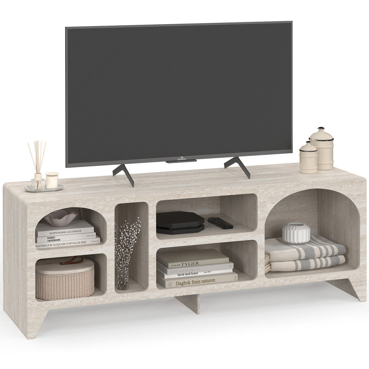 Meuble TV 140 cm organique ALESIA 6 niches bois effet travertin