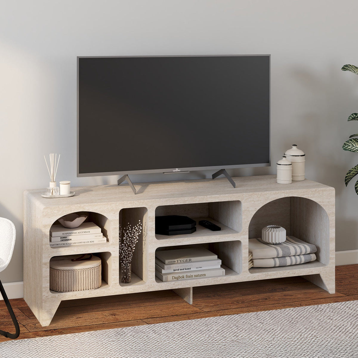 Meuble TV 140 cm organique ALESIA 6 niches bois effet travertin