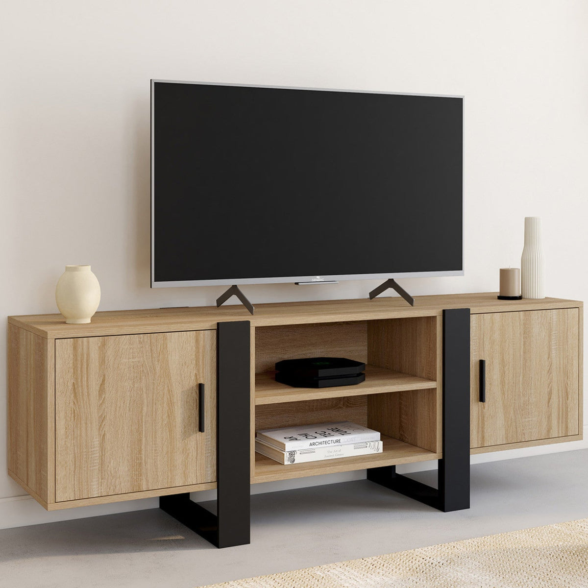 Meuble TV 140 cm PHOENIX 2 portes bois et noir