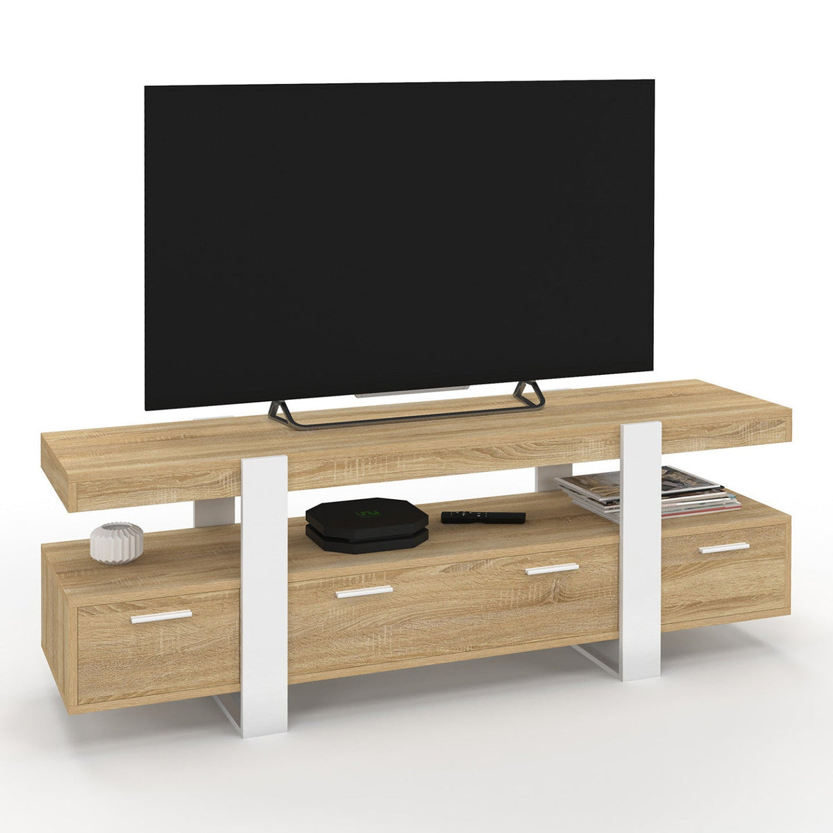 Meuble TV 140 cm PHOENIX avec tiroirs bois et blanc