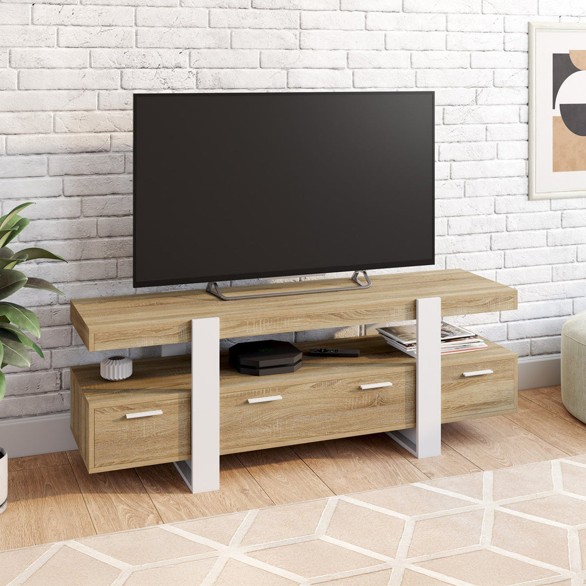 Meuble TV 140 cm PHOENIX avec tiroirs bois et blanc