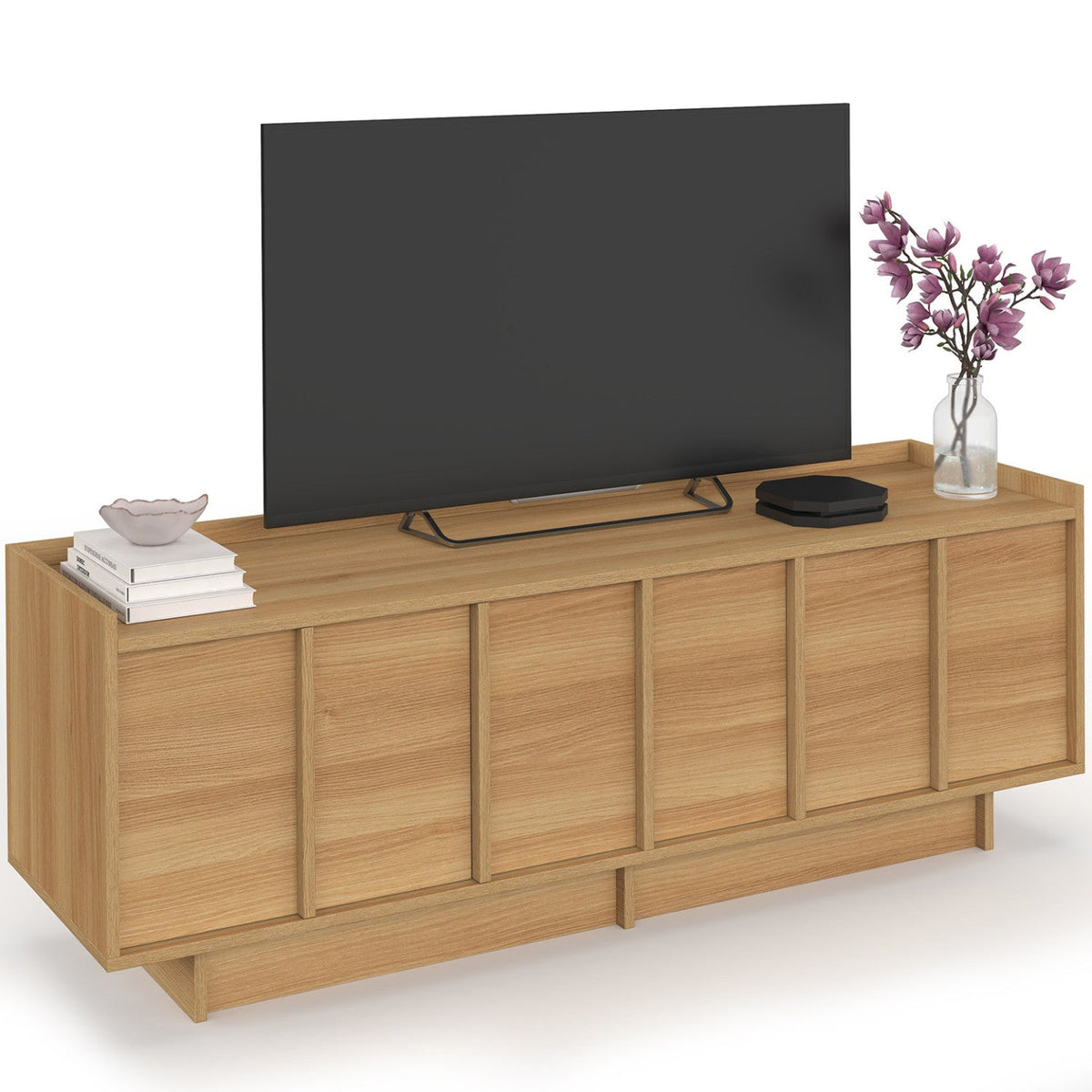 Meuble TV 140 cm ROSIE 3 portes aspect hêtre design minimaliste