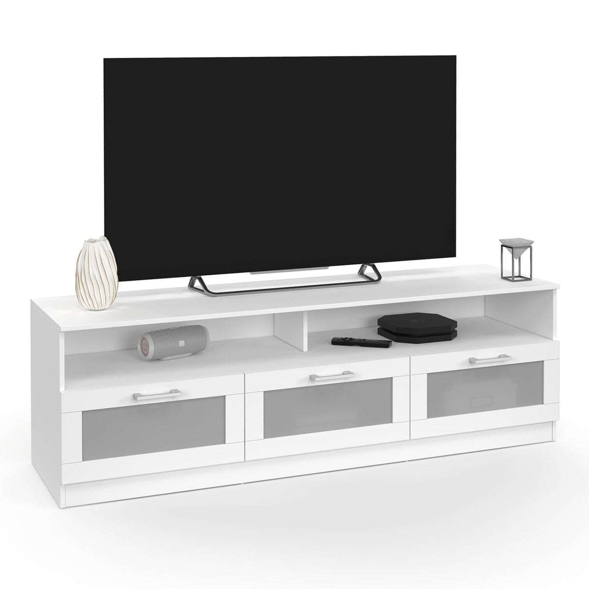 Meuble TV 140 cm VITO portes givrées blanc