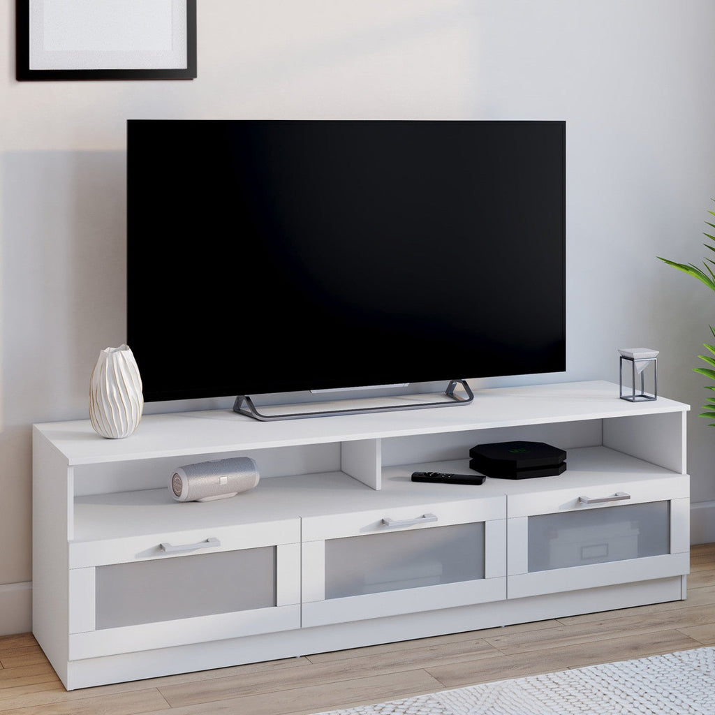 Meuble TV 140 cm VITO portes givrées blanc