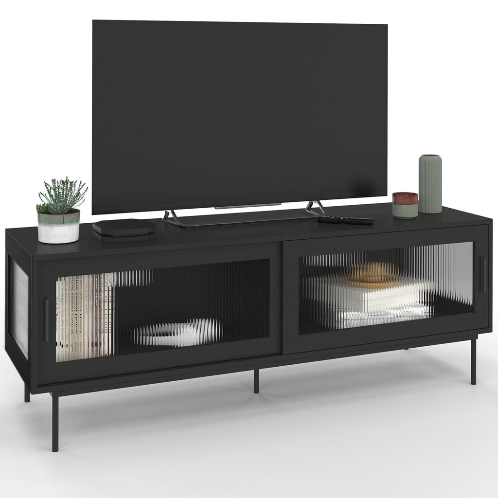 Meuble TV 140 cm ZINEB 2 portes coulissantes vitrées façade cannelée noir