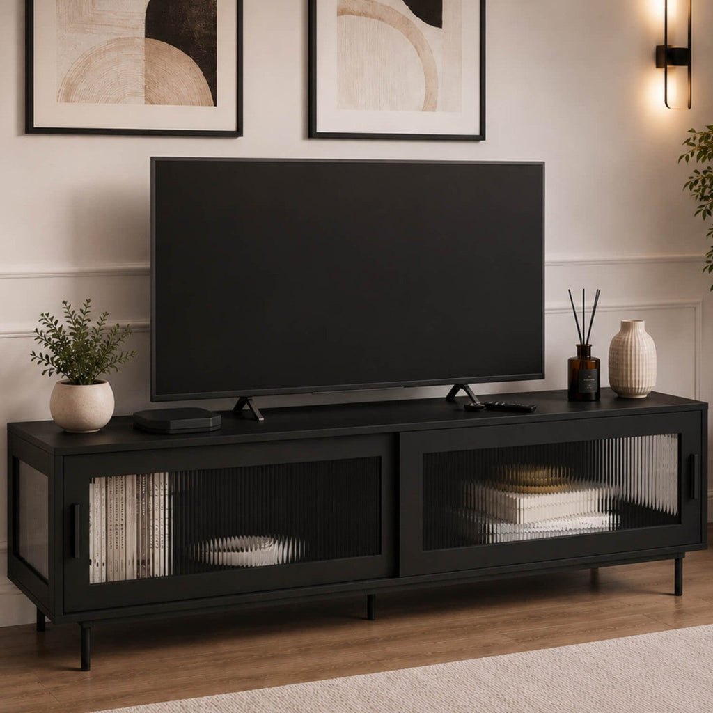 Meuble TV 140 cm ZINEB 2 portes coulissantes vitrées façade cannelée noir