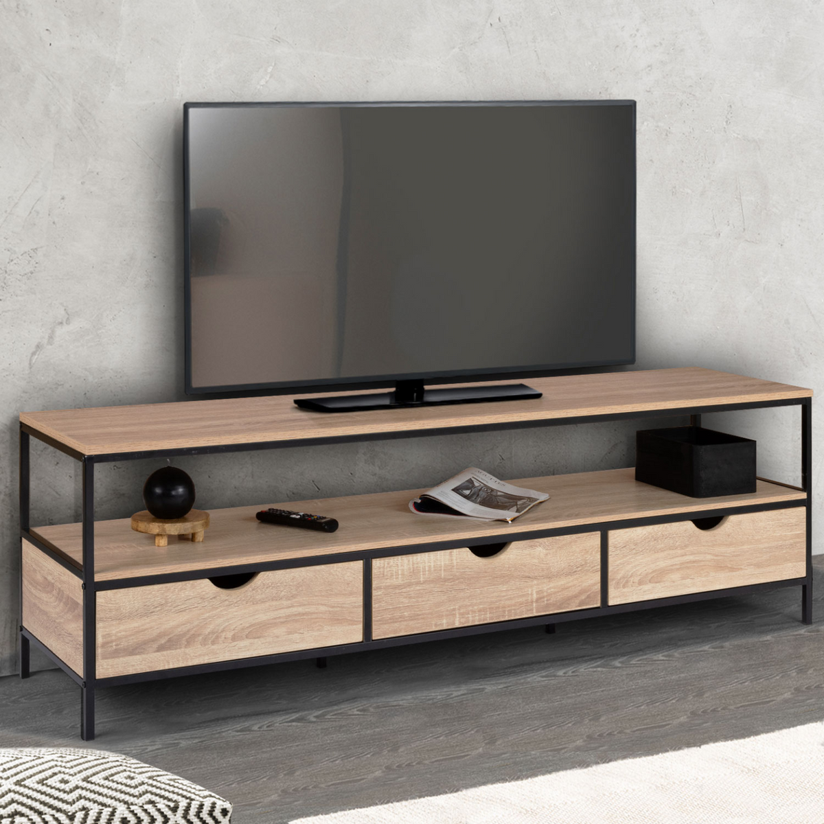 Meuble TV 160 cm DETROIT 3 tiroirs style industriel