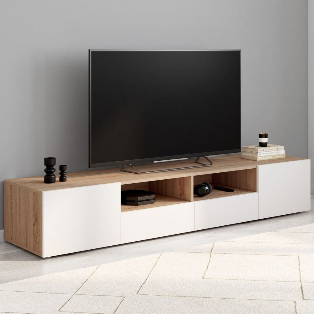 Meuble TV 180 cm ELI aspect hêtre et portes blanches