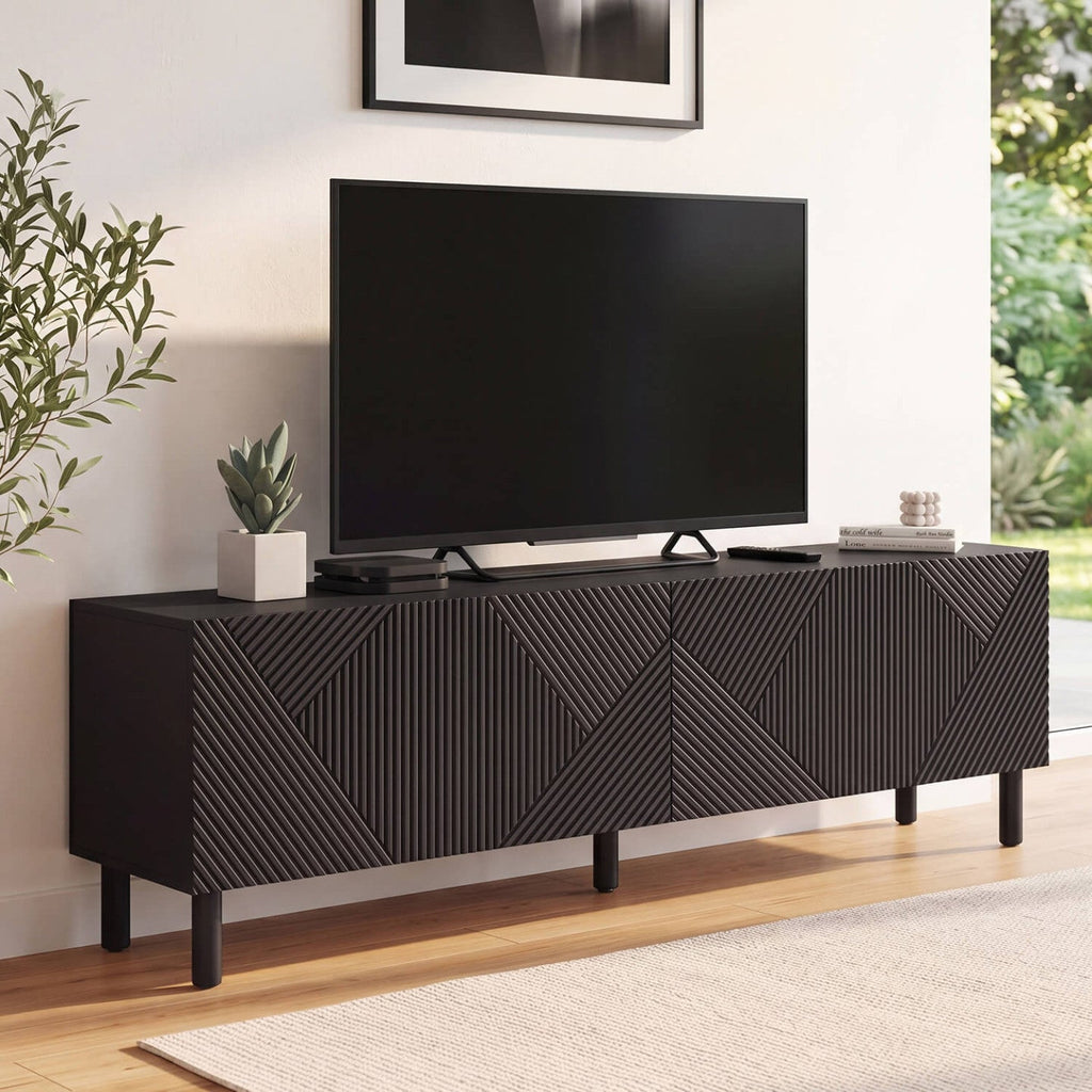 Meuble TV 180 cm HIMARA 2 portes à lattes géométriques bois noir