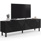 Meuble TV 180 cm HIMARA 2 portes à lattes géométriques bois noir
