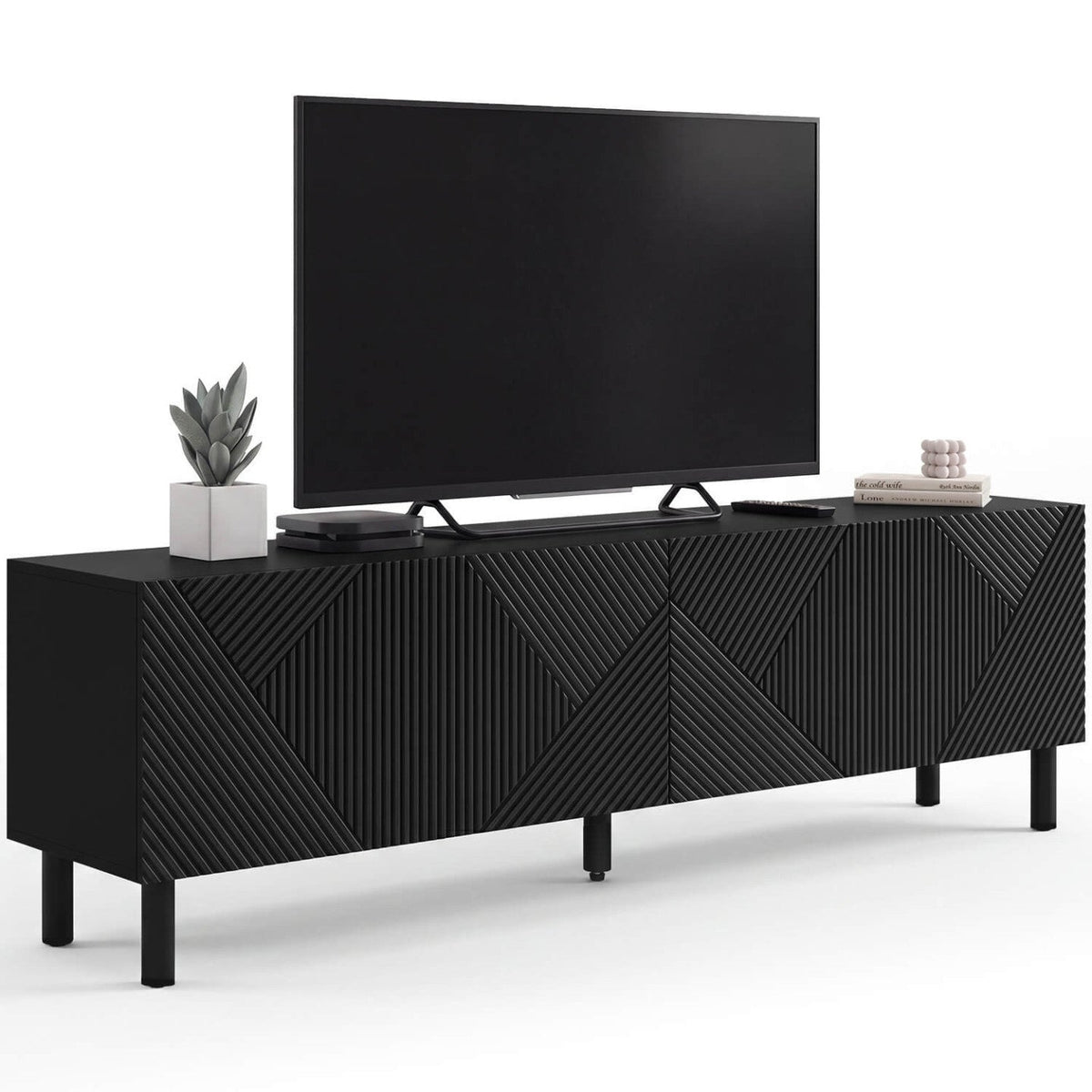 Meuble TV 180 cm HIMARA 2 portes à lattes géométriques bois noir