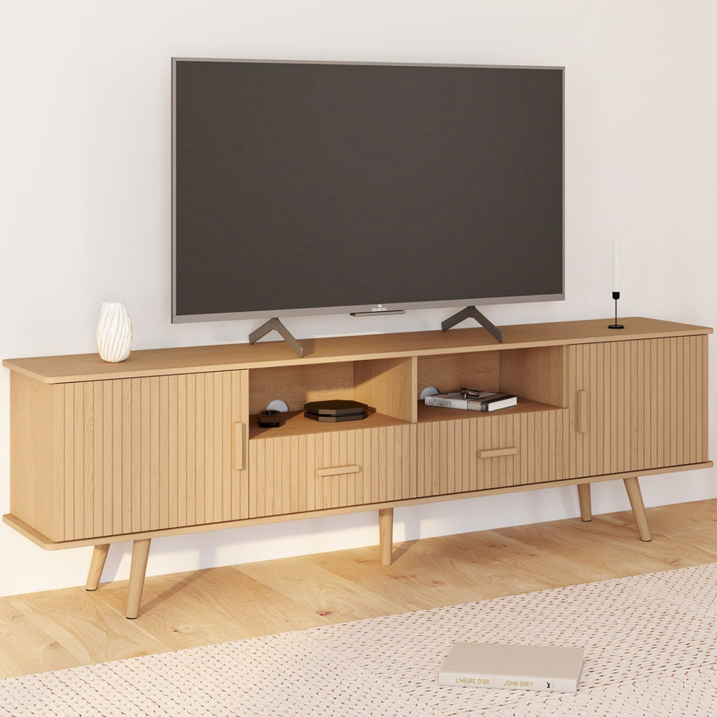 Meuble TV 180 cm JULIETTE 2 portes et 2 tiroirs à lattes tasseaux bois coloris chêne