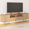 Meuble TV 180 cm JULIETTE 2 portes et 2 tiroirs à lattes tasseaux bois coloris chêne