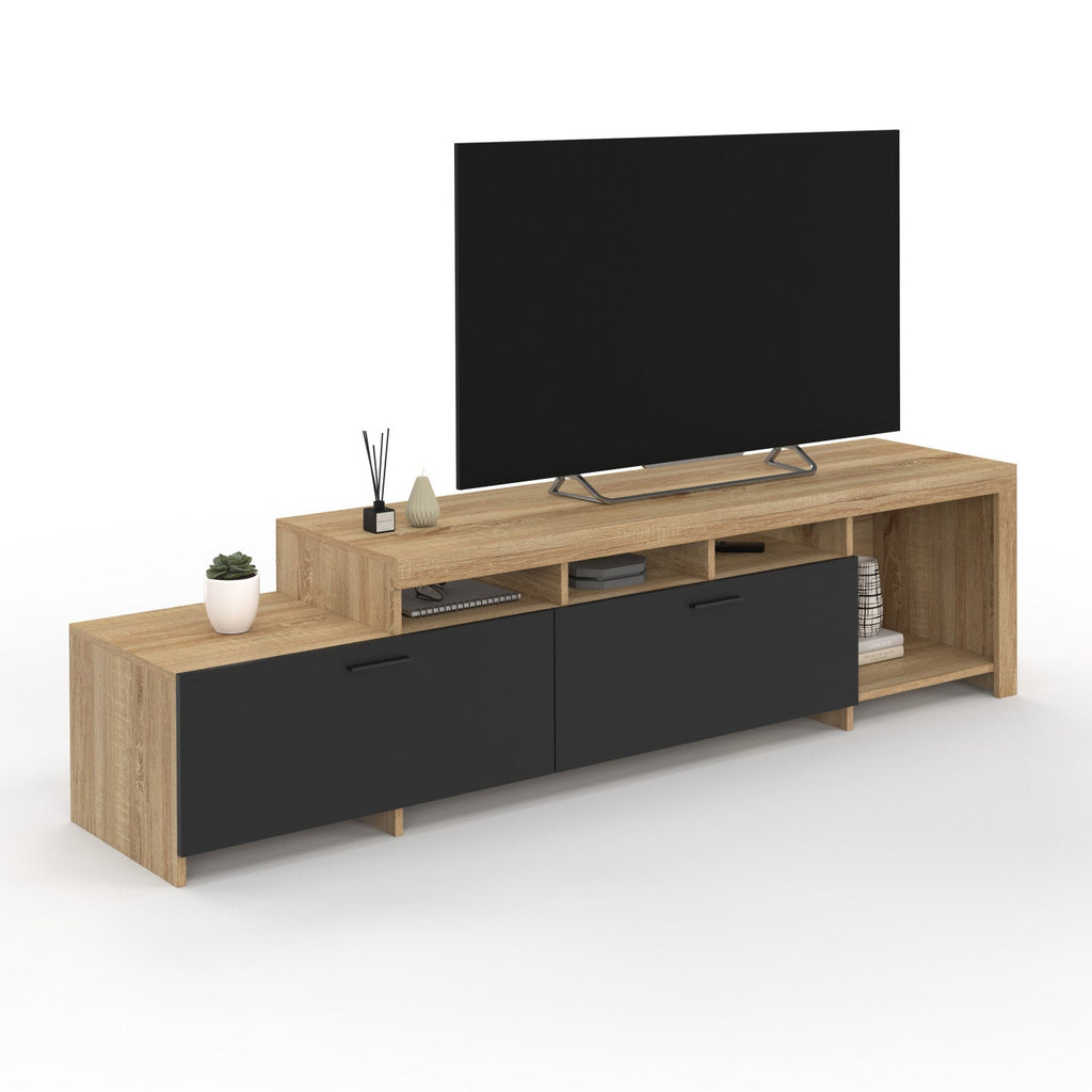 Meuble TV 180 cm MALO en bois et placards noirs