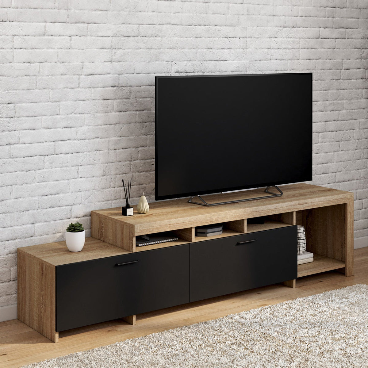 Meuble TV 180 cm MALO en bois et placards noirs