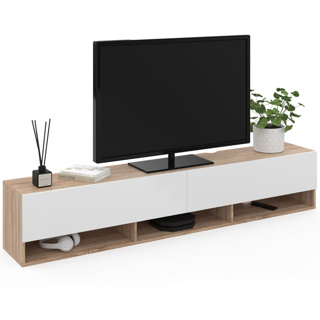 Meuble TV suspendu 180 cm ELIO, 2 portes, avec étagère, coloris bois et blanc