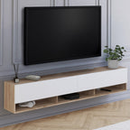 Meuble TV suspendu 180 cm ELIO, 2 portes, avec étagère, coloris bois et blanc