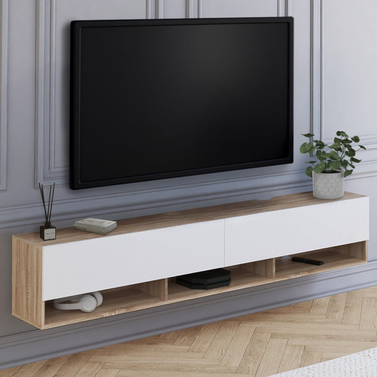 Meuble TV suspendu 180 cm ELIO, 2 portes, avec étagère, coloris bois et blanc