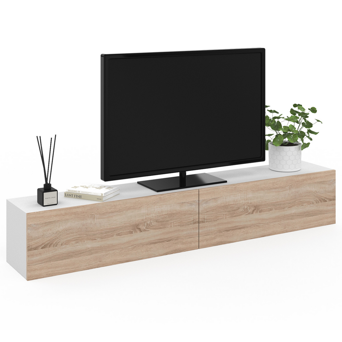 Meuble TV suspendu ELIO 180 cm, 2 portes, blanc et bois