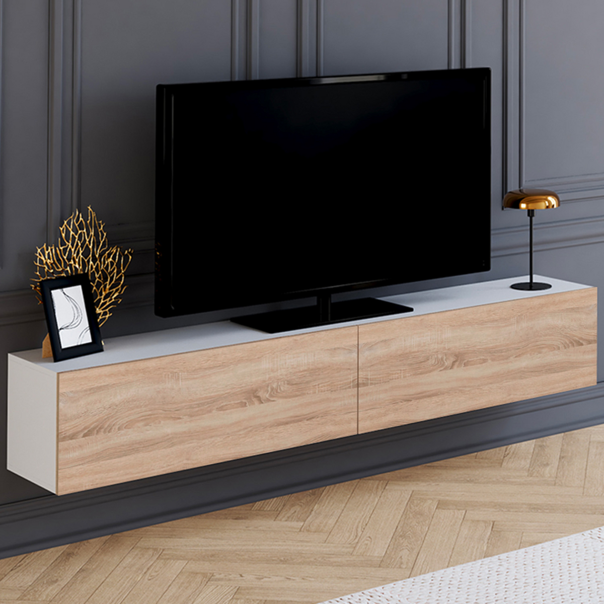 Meuble TV suspendu ELIO 180 cm, 2 portes, blanc et bois