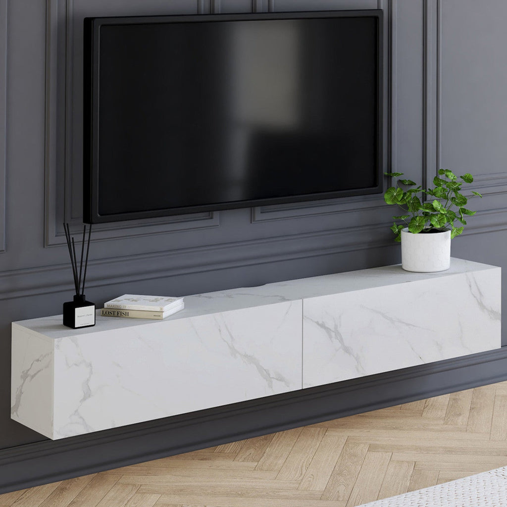 Meuble TV suspendu 180 cm ELIO, 2 portes, effet bois et marbre