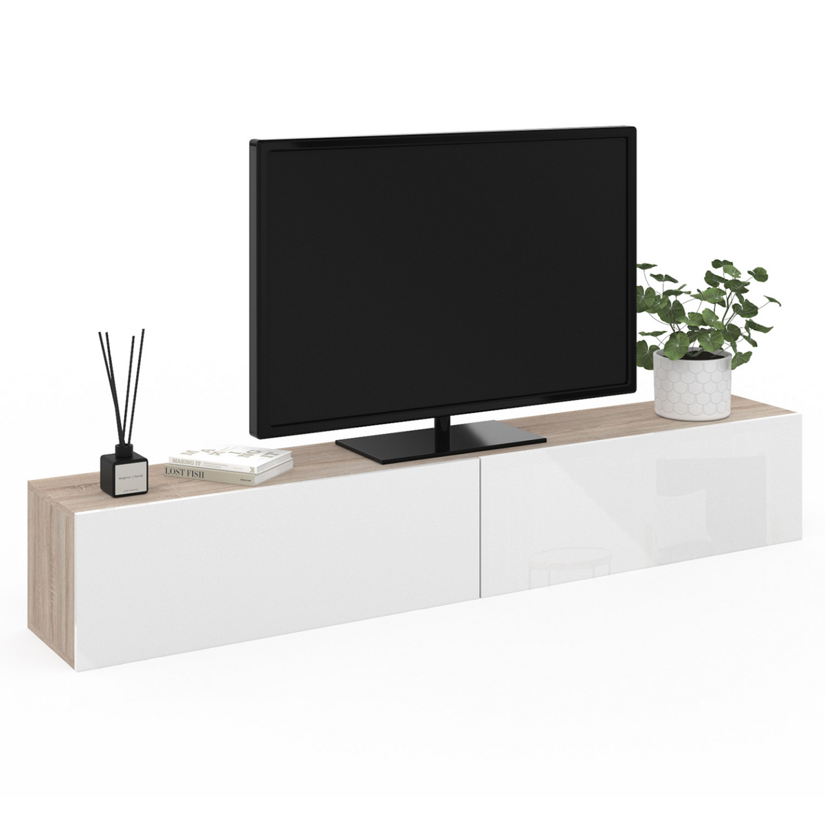 Meuble TV suspendu 180 cm ELIO, 2 portes, bois et blanc