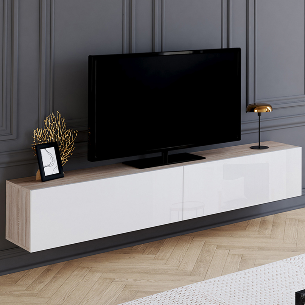 Meuble TV suspendu 180 cm ELIO, 2 portes, bois et blanc