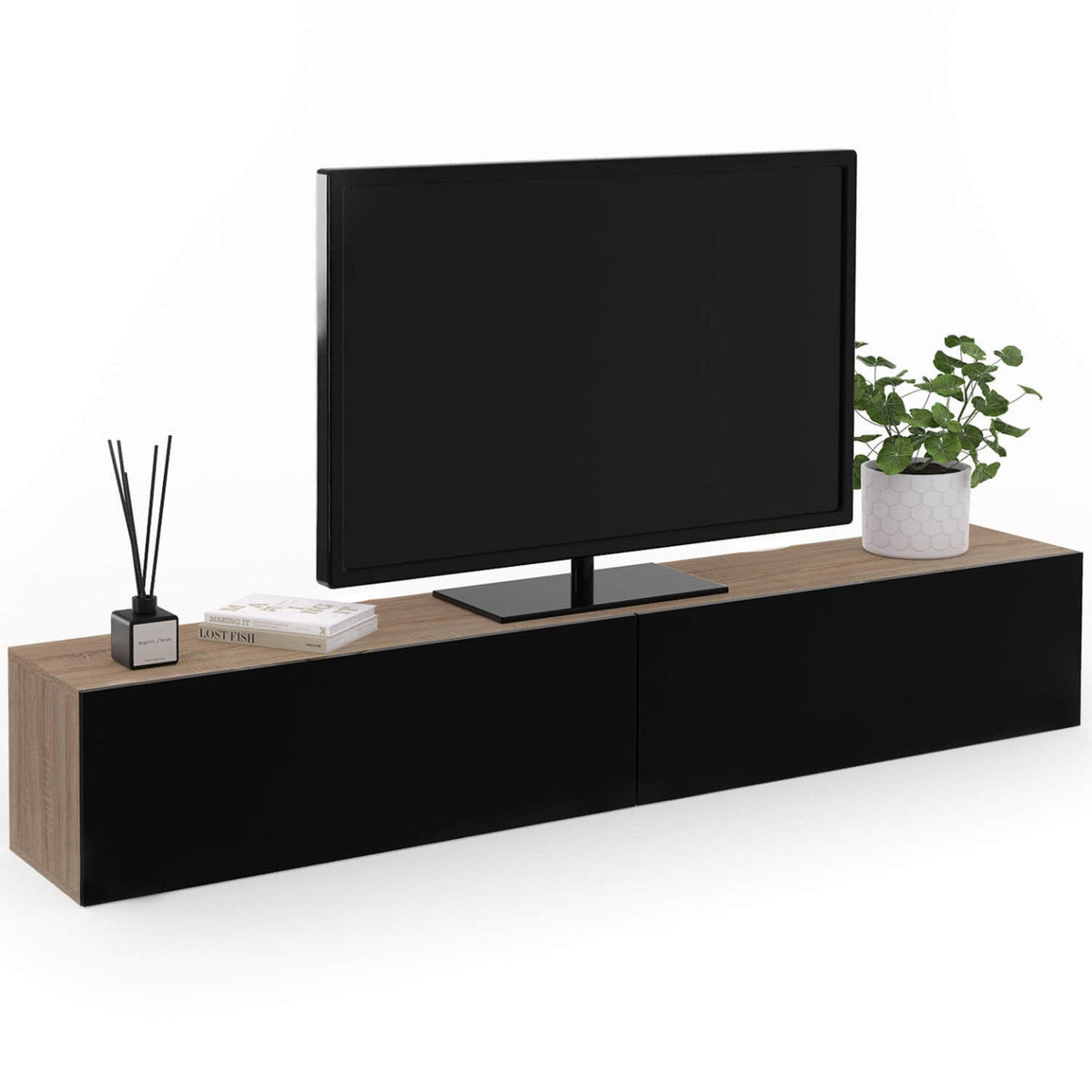 Meuble TV suspendu ELIO 180 cm, 2 portes, bois et noir