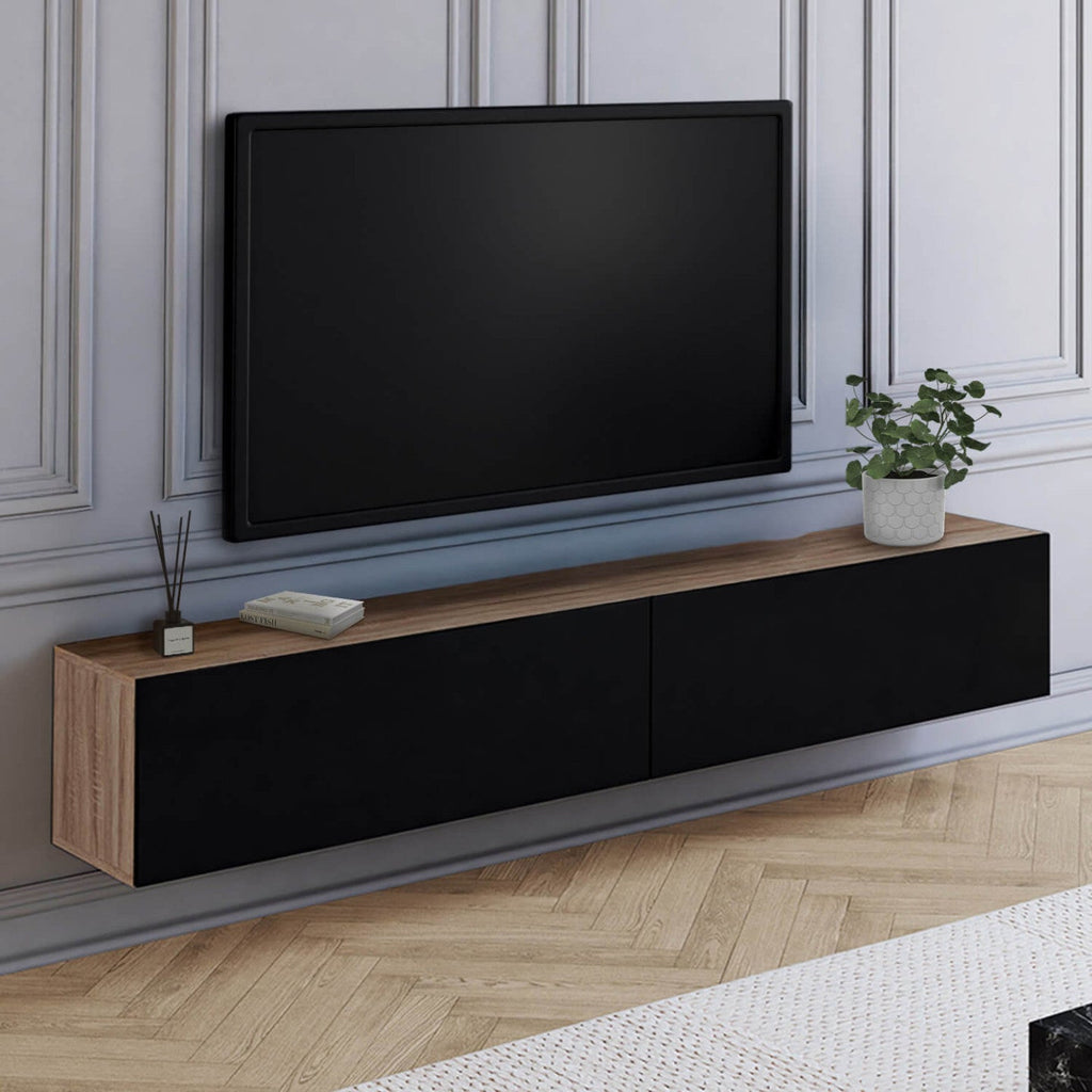 Meuble TV suspendu ELIO 180 cm, 2 portes, bois et noir