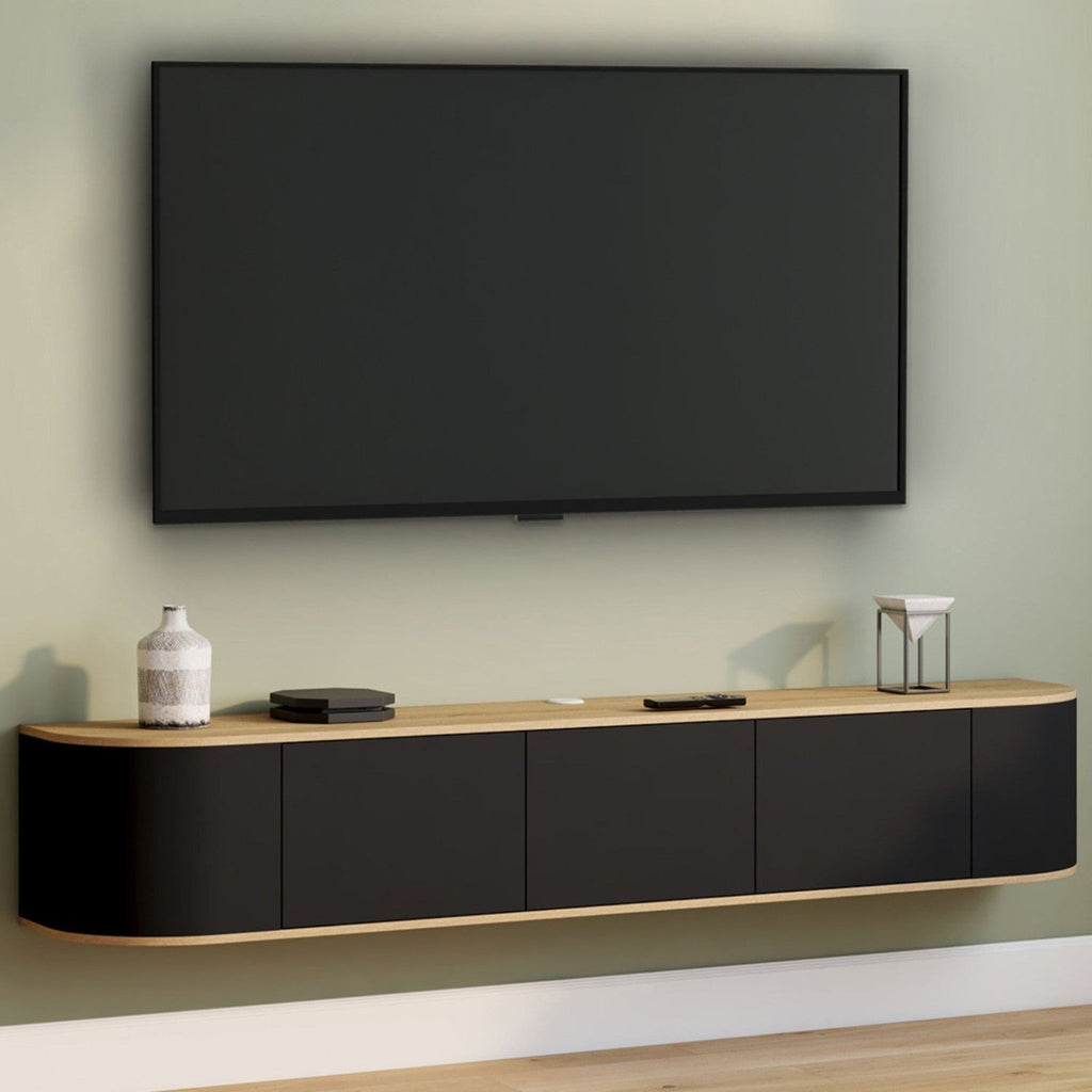 Meuble TV suspendu 180 cm LEORA 3 portes bois et noir