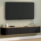 Meuble TV suspendu 180 cm LEORA 3 portes bois et noir
