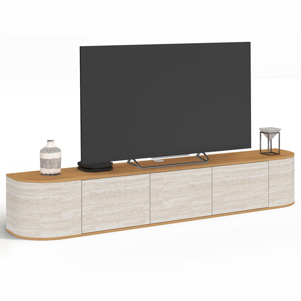 Meuble TV suspendu 180 cm LEORA 3 portes effet travertin et bois
