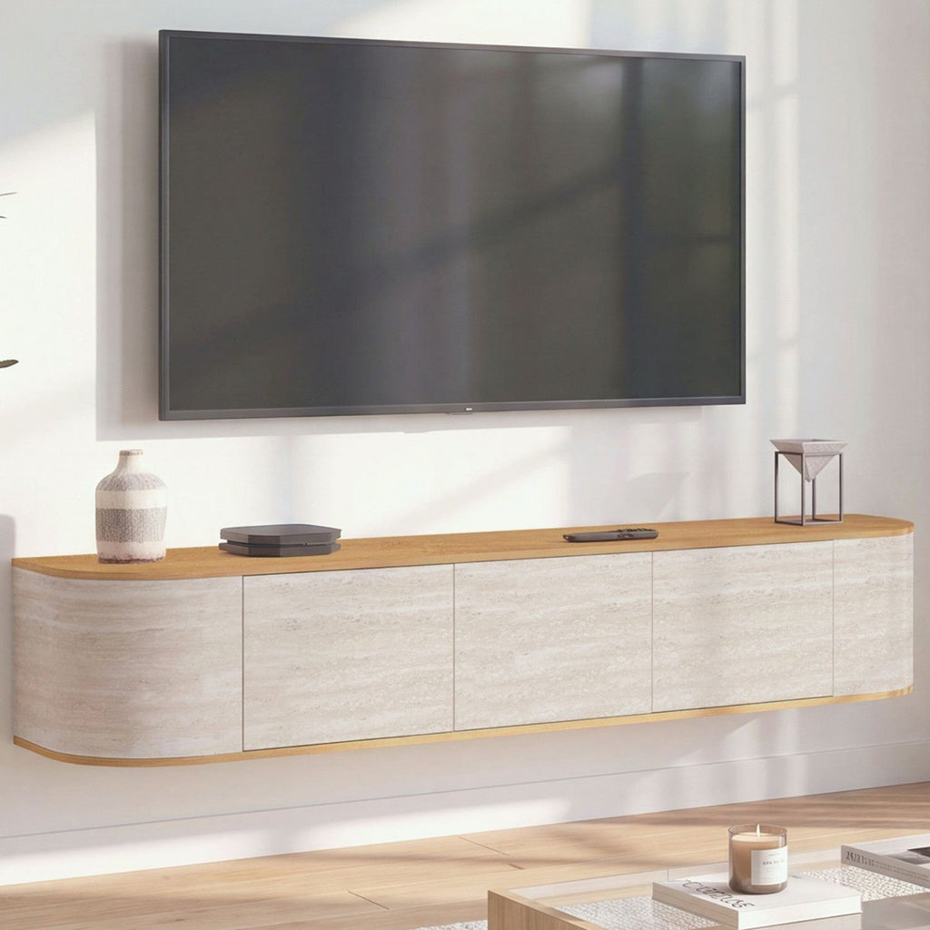 Meuble TV suspendu 180 cm LEORA 3 portes effet travertin et bois