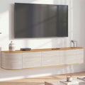 Meuble TV suspendu 180 cm LEORA 3 portes effet travertin et bois
