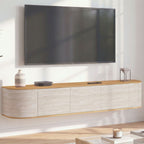 Meuble TV suspendu 180 cm LEORA 3 portes effet travertin et bois