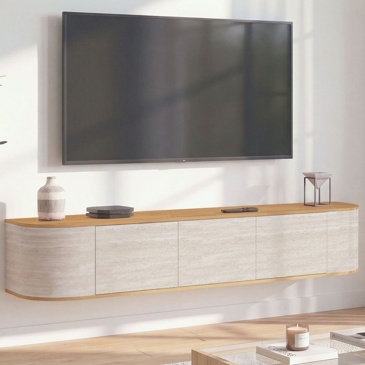 Meuble TV suspendu 180 cm LEORA 3 portes effet travertin et bois