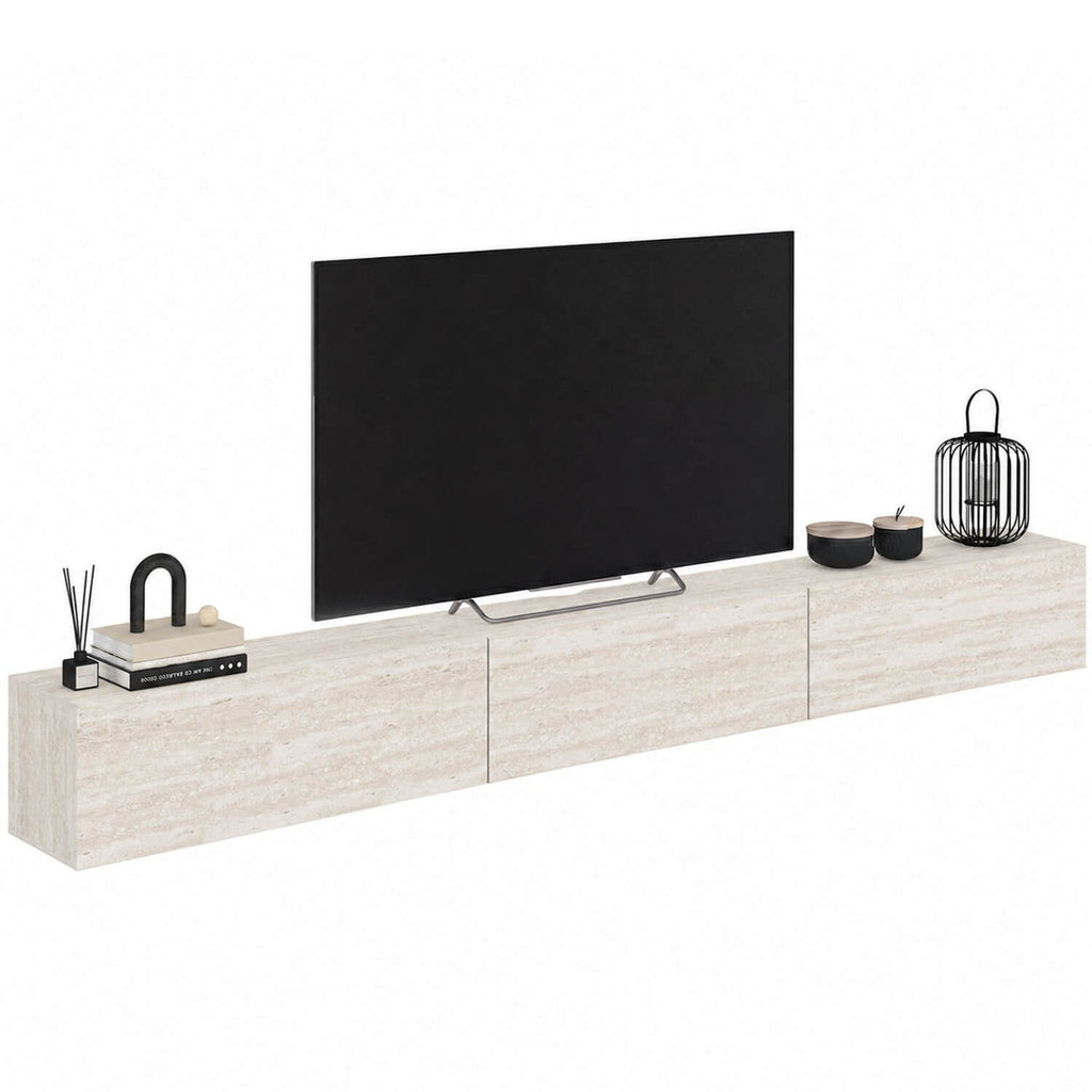 Meuble TV suspendu ELIO 270 cm, 3 portes, effet travertin