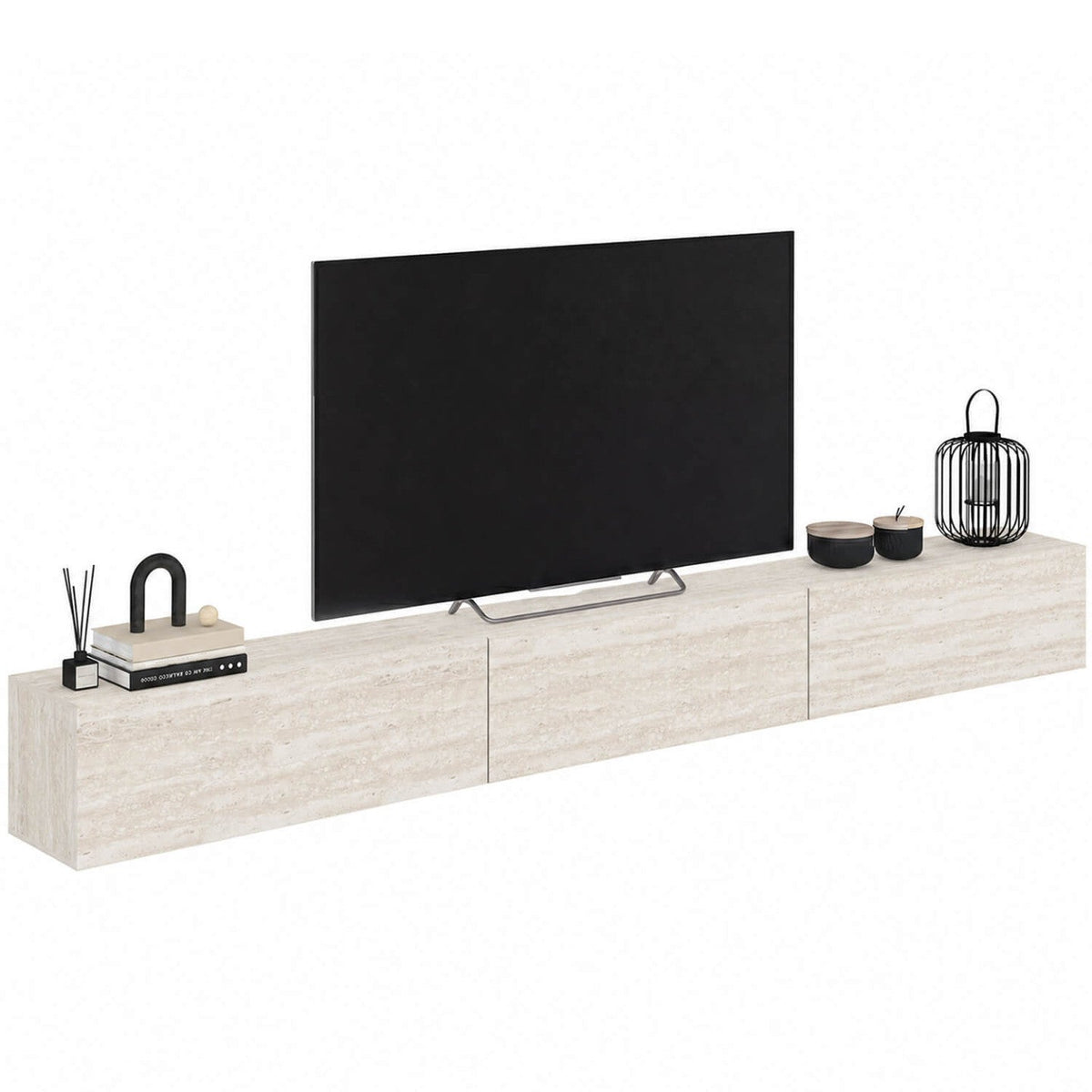 Meuble TV suspendu ELIO 270 cm, 3 portes, effet travertin